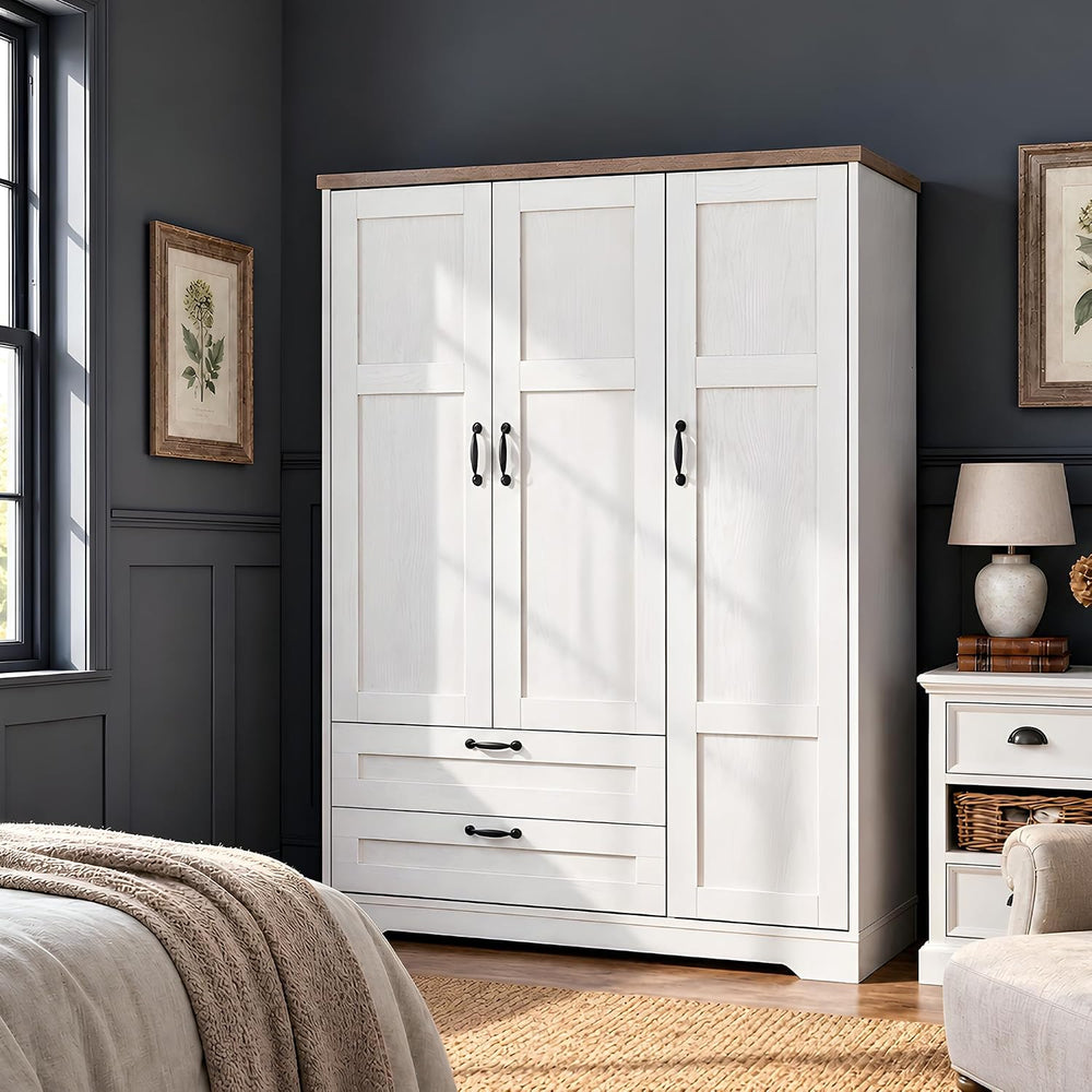 Yechen 3-Door Wooden Armoire Wardrobe Closet with Drawers and Shelves, Bedroo...