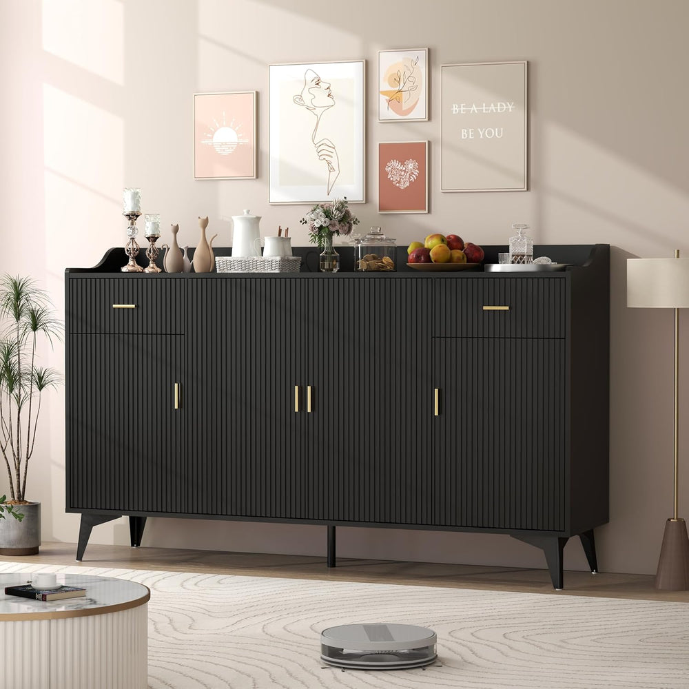 Sideboard Buffet Cabinet with Drawers: 63" Black Fluted Sideboard Cabine...
