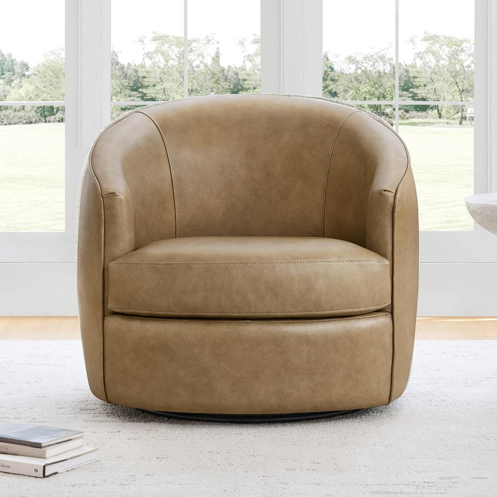 CHITA Genuine Leather Swivel Barrel Accent Chair, Fully Assembled, Mocha