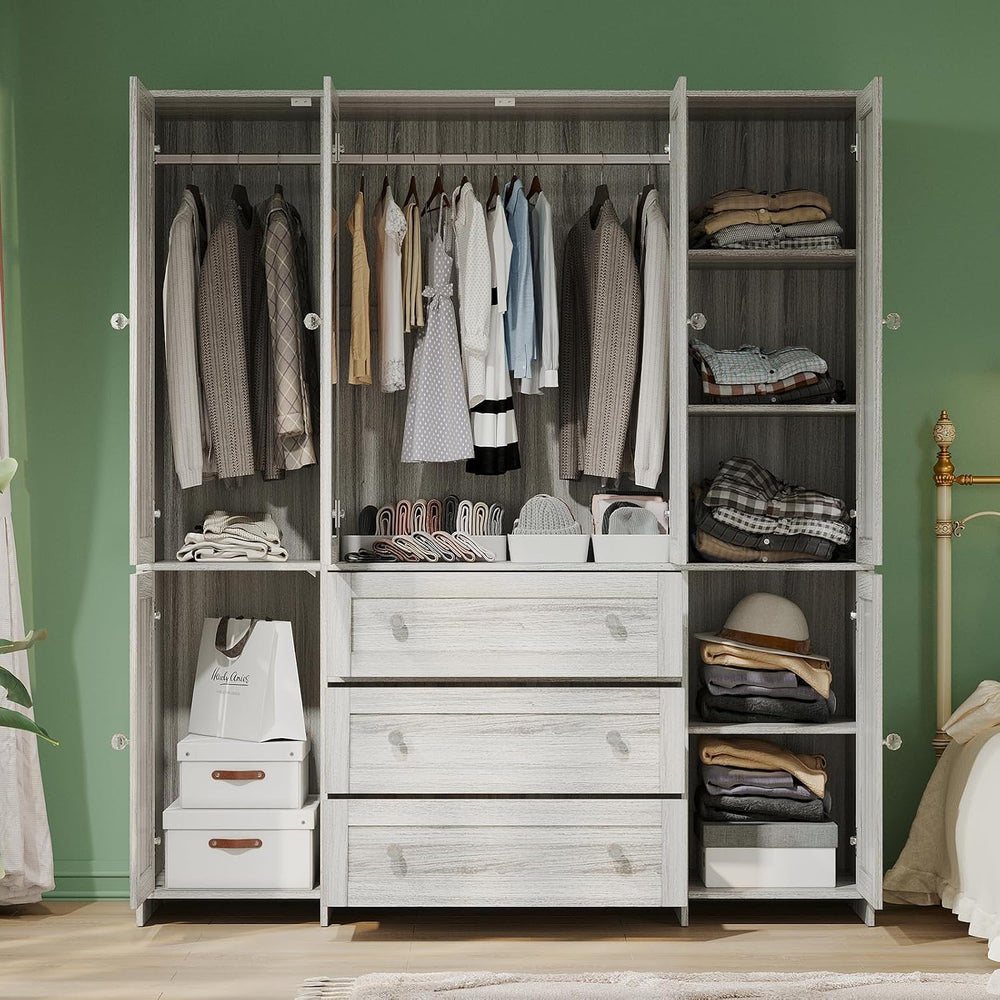 VOWNER 71" Armoire Wardrobe Closet with Drawers and Mirror, 6 Doors
