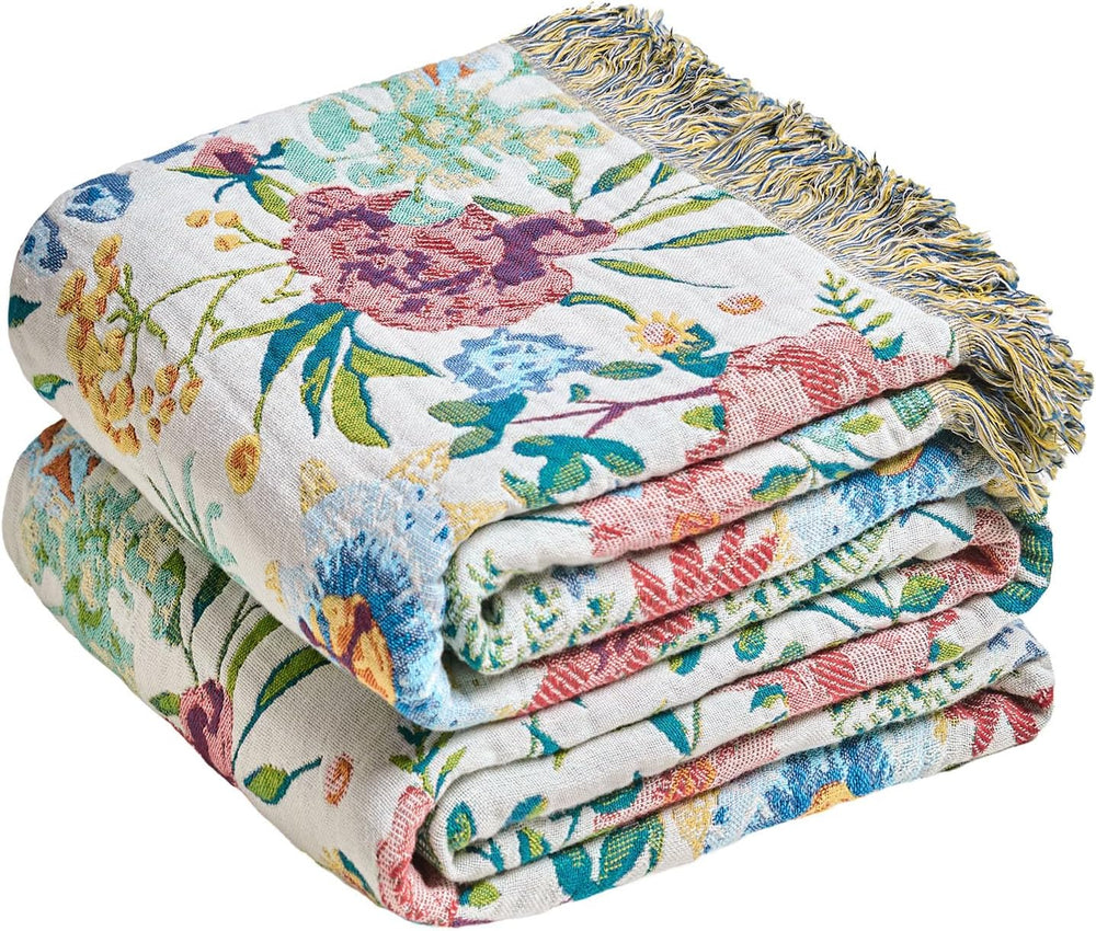 MSGKV Boho Throw Blanket 60"x80" Bed Floral 100% Cotton Blanket Spring