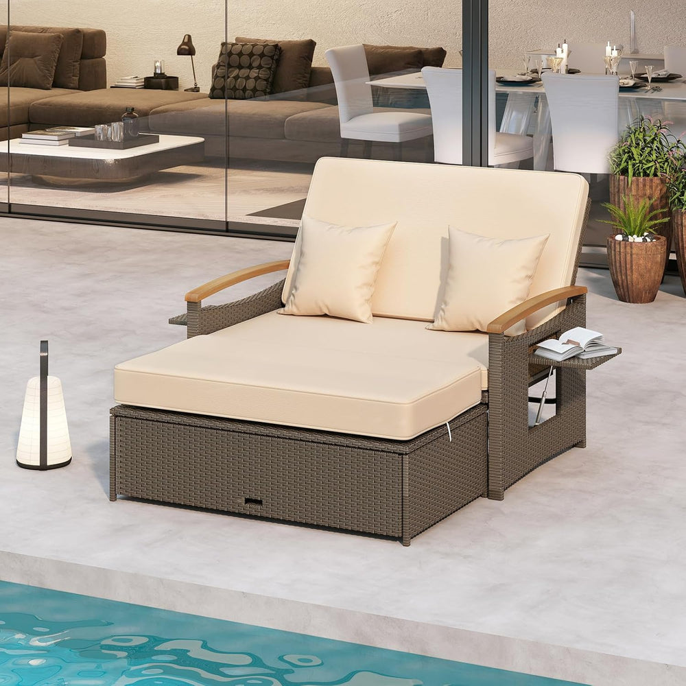 COSTWAY Patio Rattan Daybed, Outdoor Loveseat Sofa with Storage Ottoman
