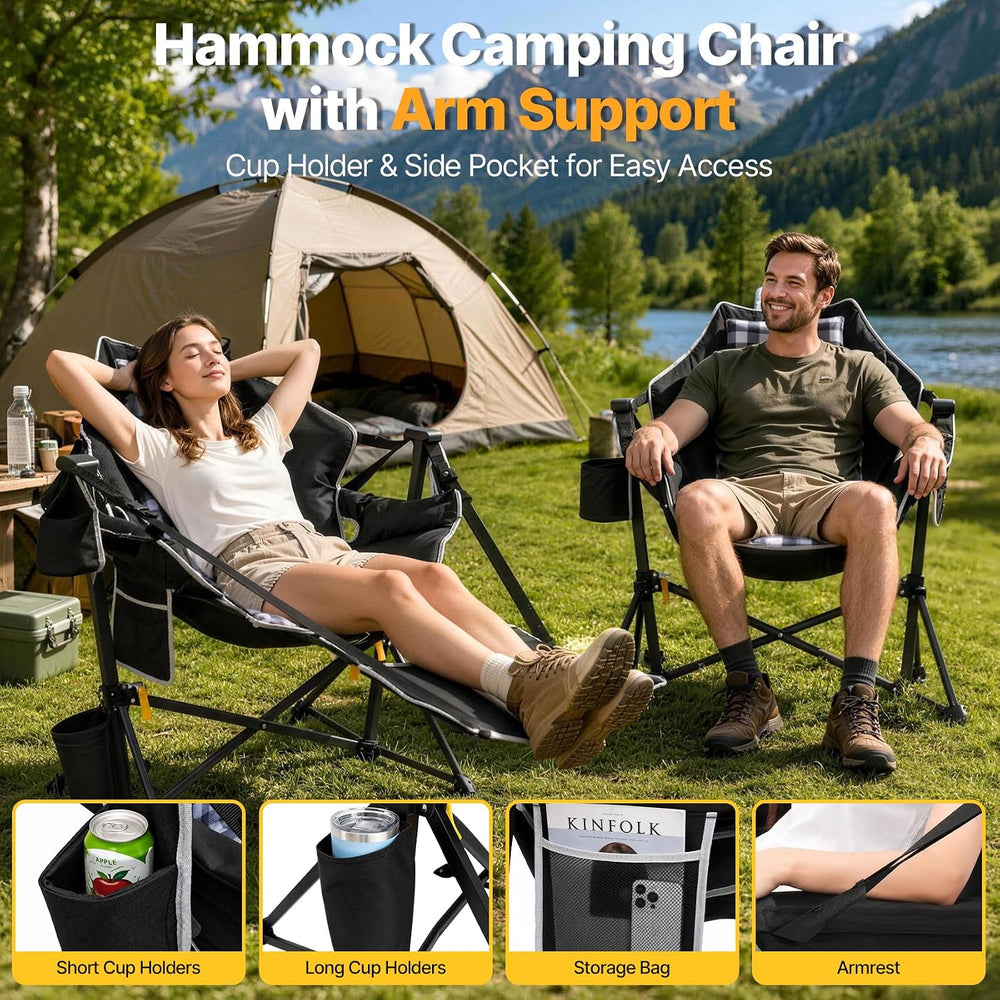 Suteck Hammock Camping Chair with Footrest, Thick Padded, Black Plaid