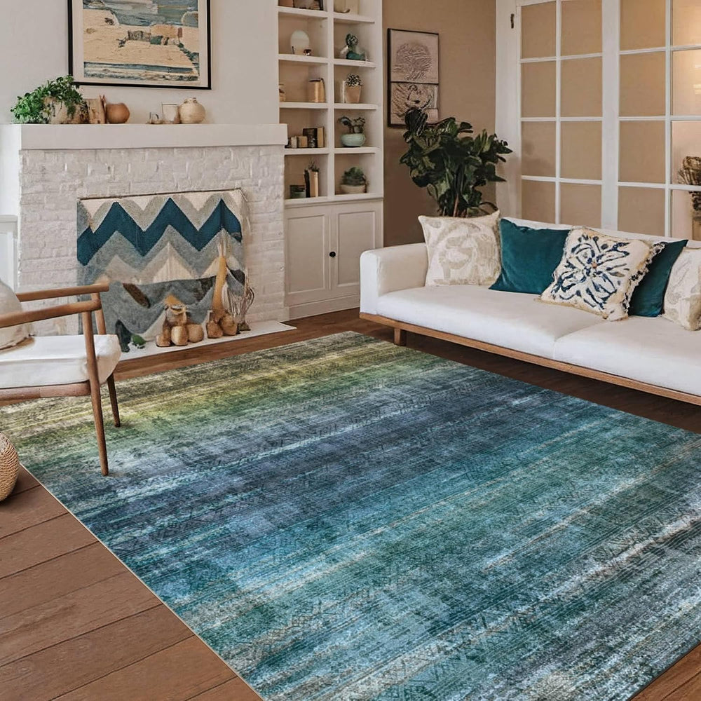 8x10 Teal and Sage Green Abstract Area Rug Living Room Boho Ombre Washable