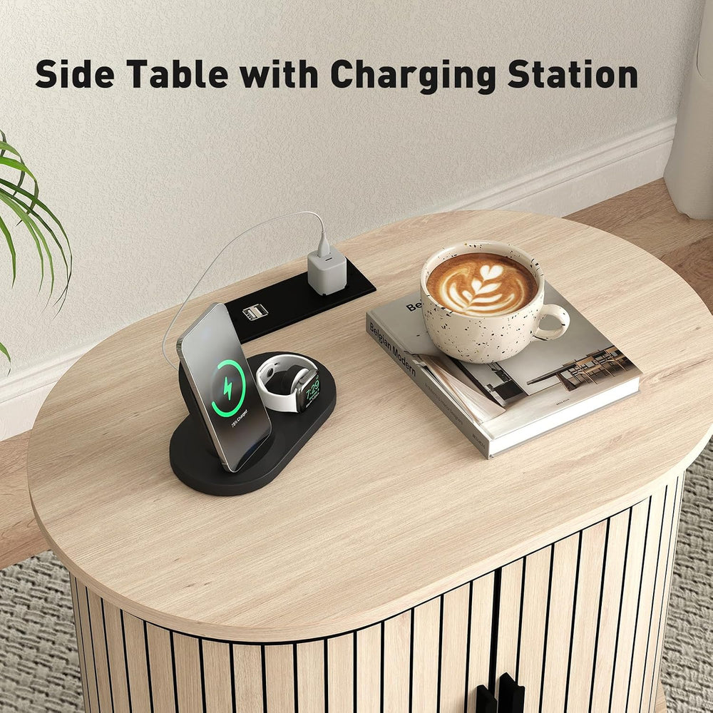 Bonzy Home Round Nightstand with Storage, Fluted Side Table with Charging Sta...