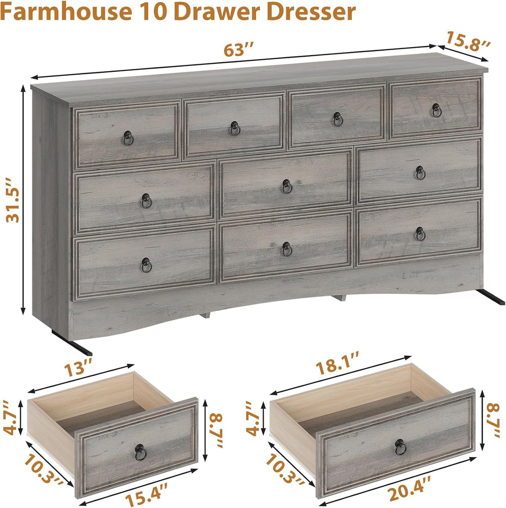 VVFLU 63โW Dressers for Bedroom, Grey Dresser with 10 Deep Drawer, Long Dress...