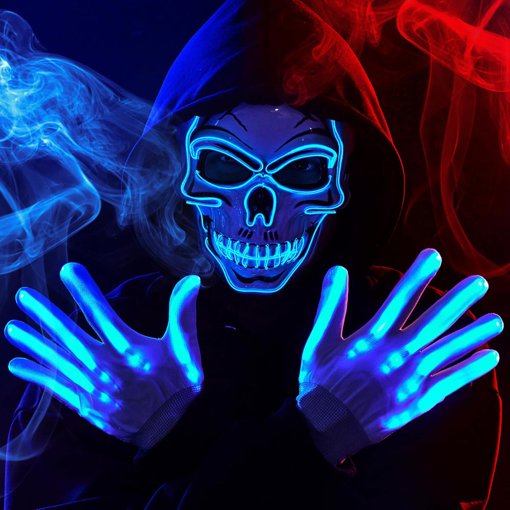 JOYIN Halloween LED Skull Mask with Light Up Gloves, Blue Scary Glow Up Skull...