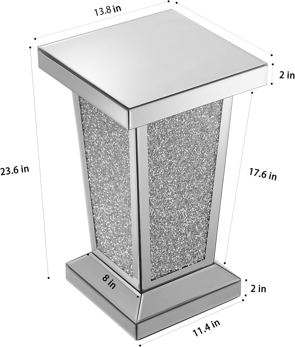 Mirrored End Table Modern Silver Side Table with Crystal Design Decorative Gl...