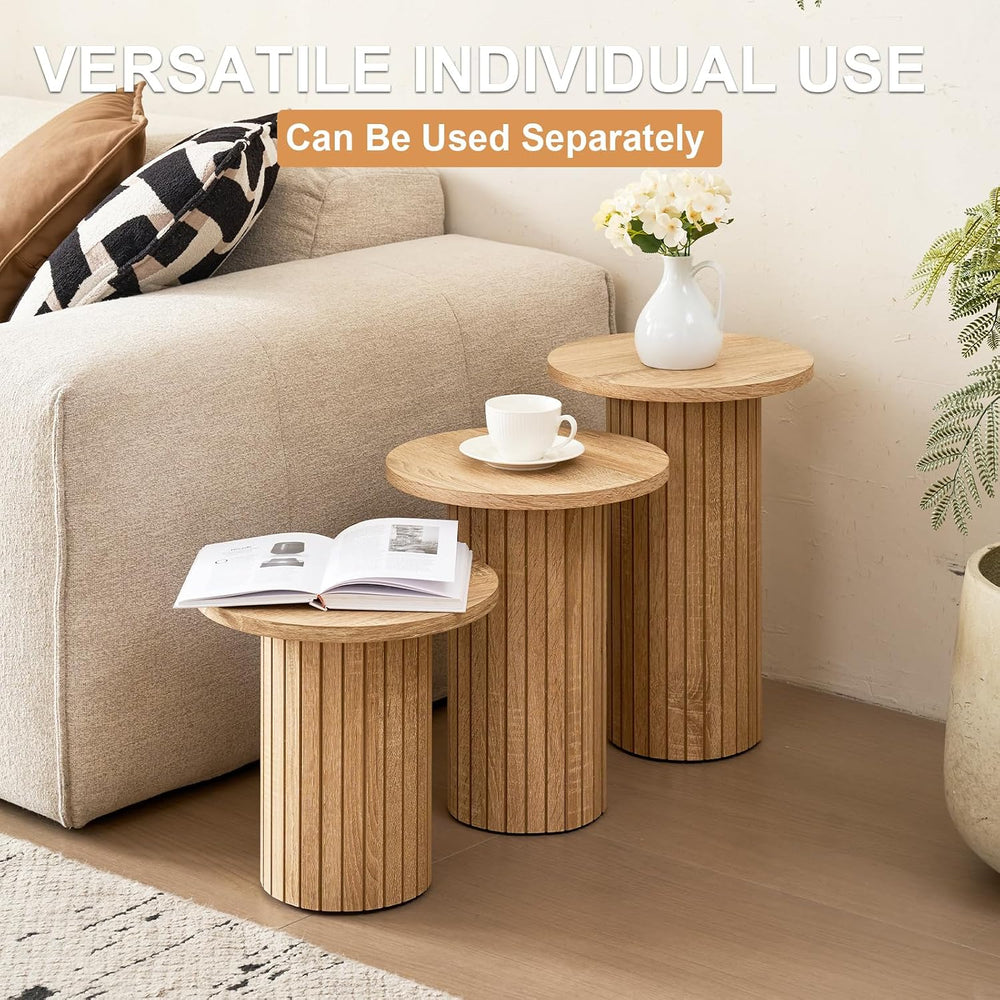 3-Piece Nesting Coffee Table Set, Modern Small Round Wood Side Tables, Fluted...