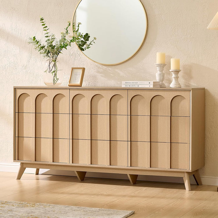 Oak&Sparrow Mid Century Modern Dresser for Bedroom, Natural Oak 9 Drawer Dresser with Arched Front, 63'' Wide Chest of Drawers Wood Storage Organizer for Living Room