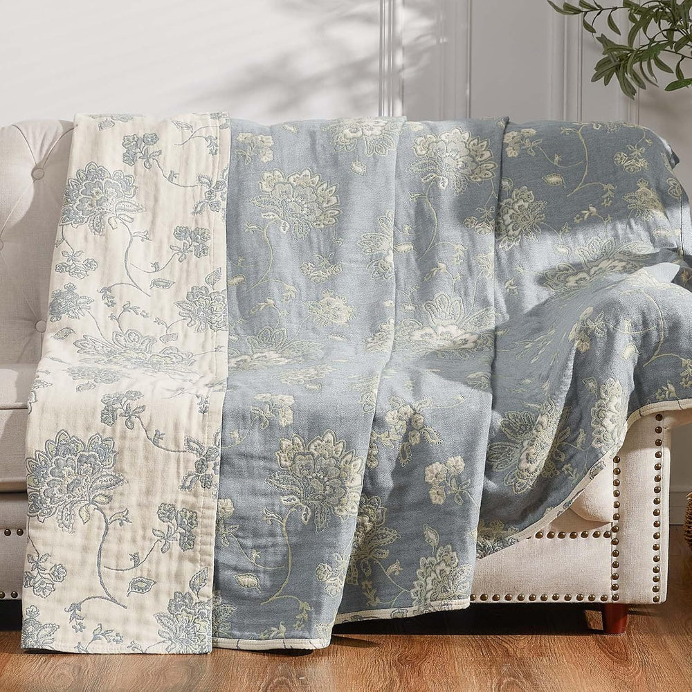 JINCHAN 100% Cotton Muslin Blanket Queen Boho Bed Blanket 80x90 Blue/White