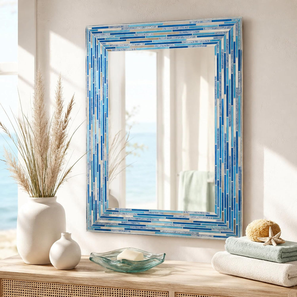Head West 24"x30" Frameless Blues Mosaic Bathroom Vanity Mirror, Re...