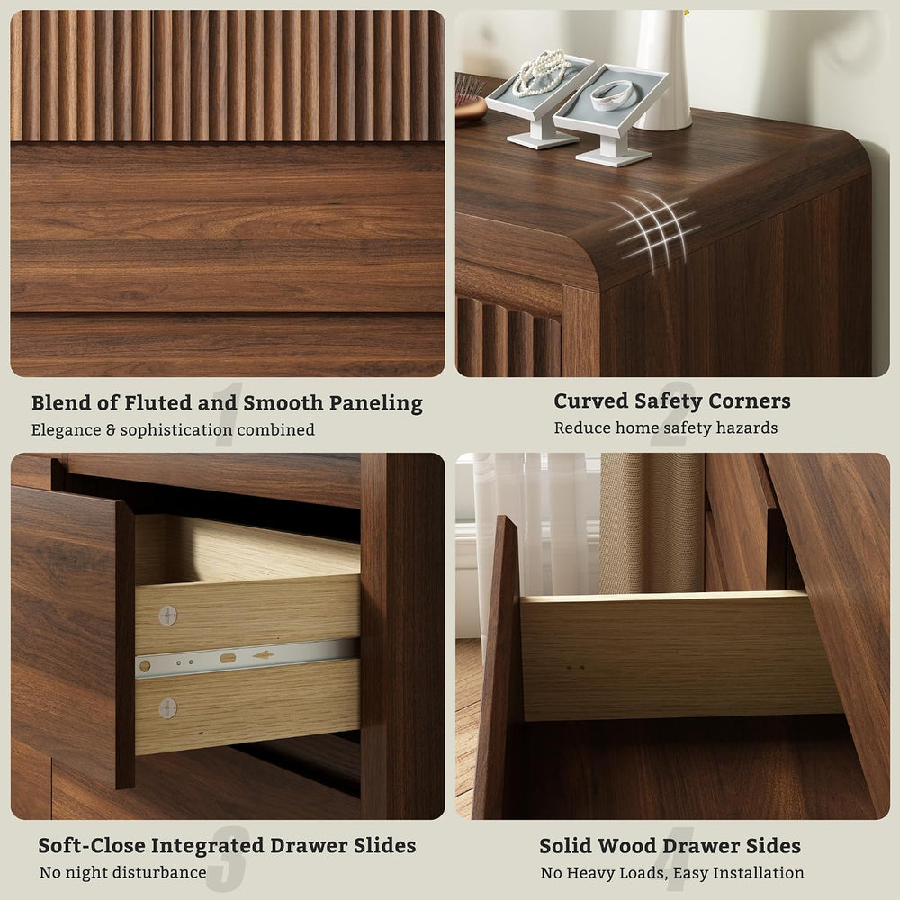 LYNSOM Walnut Fluted 9 Drawer Dresser for Bedroom, Curved Edge, 50" Wide