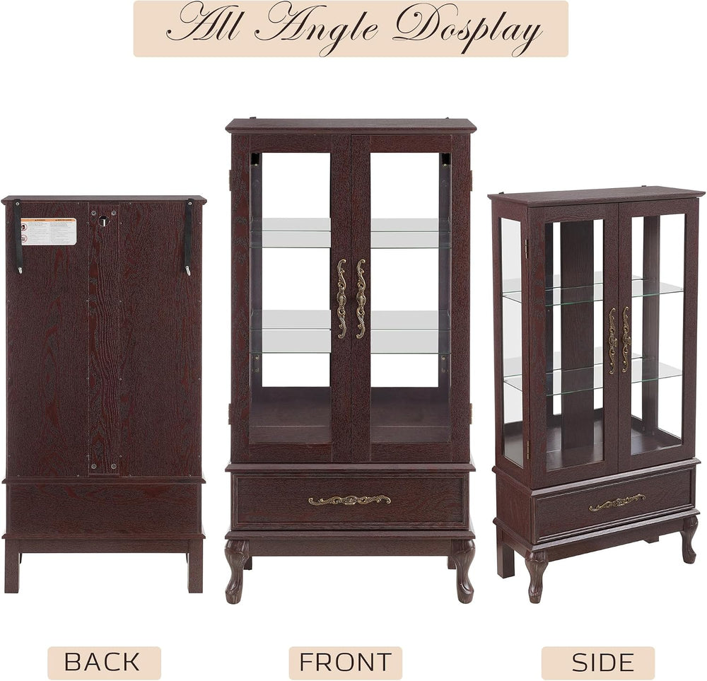 52" Lighted Accent Curio Cabinet, 3-Tier Antique Storage Cabinet with Te...