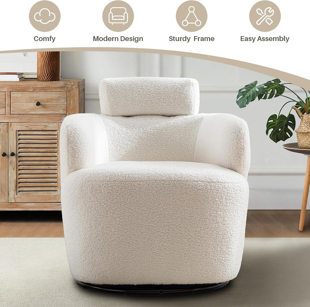 Small Swivel Accent Chair,360° Barrel Armchair, Adjustable Headrest