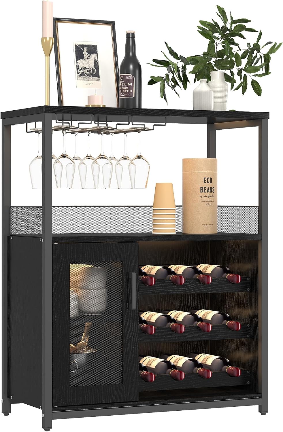 Wine Bar Cabinet with Wine Rack & Glass Holder, Wine Rack Table with Baff...