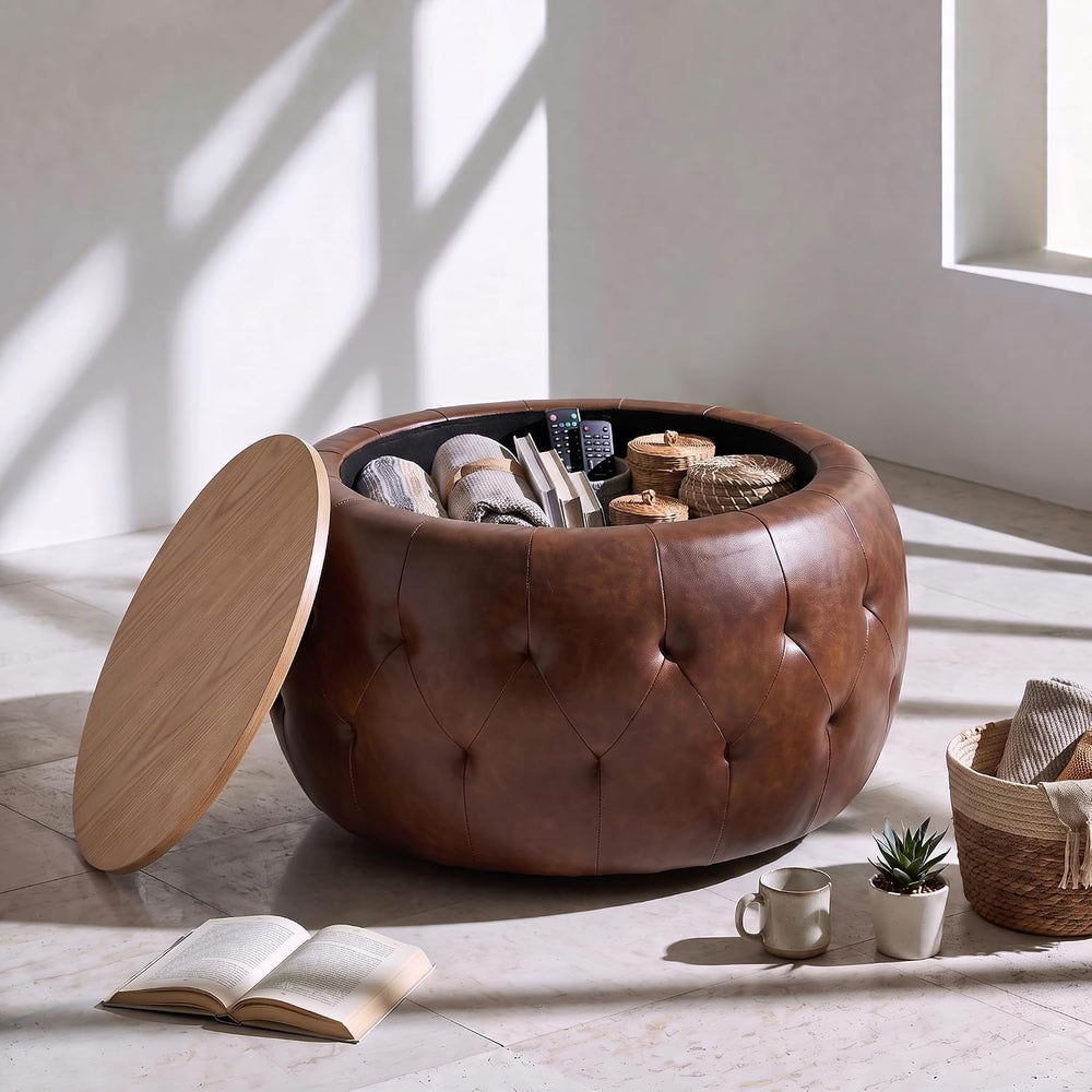 Round Ottoman with Storage, 25 Inches Wooden Top Coffee Table for Living Room...