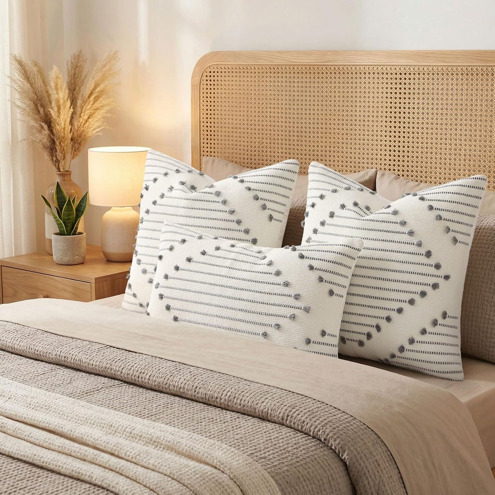 Mecatny Boho Outdoor Throw Pillow Covers 20x20 Set of 2 Grey & Cream White