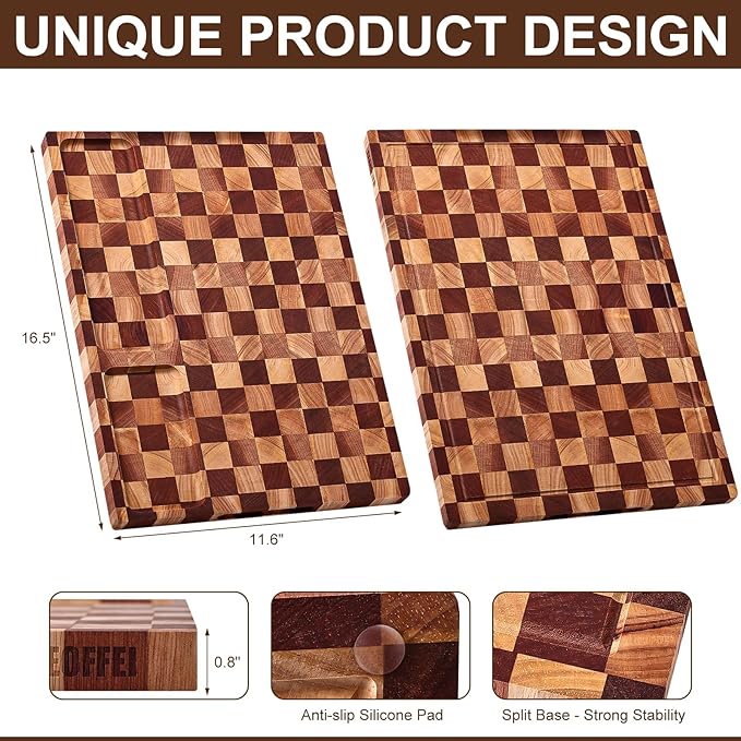 Checkered Cutting Board with Stand, Dual-Sided Wood Cutting Board with Juice