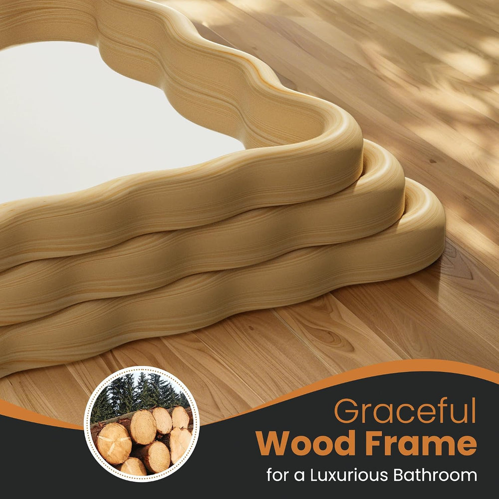 Wavy Wood Bathroom Vanity Mirror, 24"x36" Boho Decorative Wall Mirror