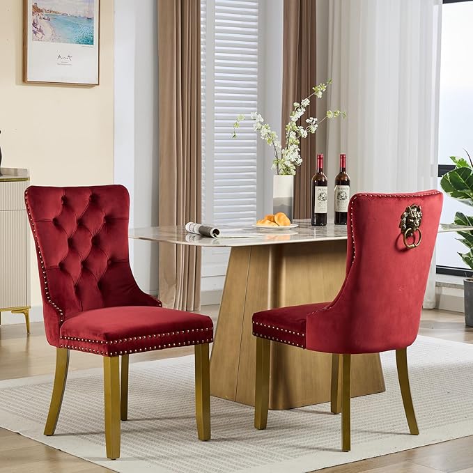 Velvet Dining Chairs Set of 2, Upholstered Dining Room Chairs with Lion Head ...