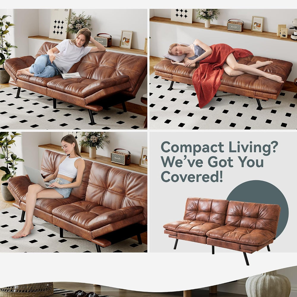 Futon Sofa Bed Convertible Couch, Brown Faux Leather Sofa Bed