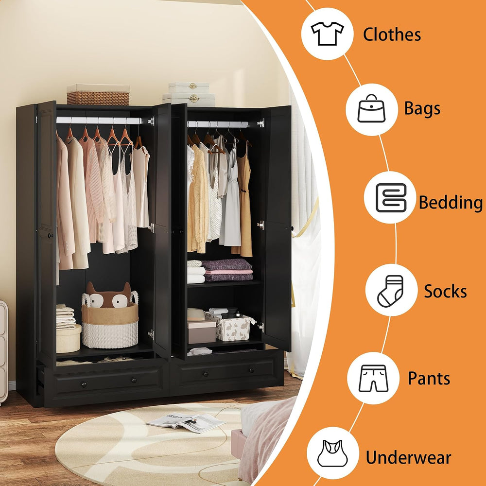 Black Armoire Wardrobe Closet with 2 Drawers, 74" Tall X 63" Wide
