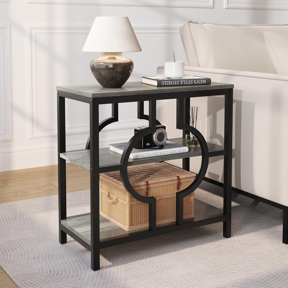 End Table, Narrow Side Table with 3-Tier Storage Shelves, Wood Sofa Side Tabl...