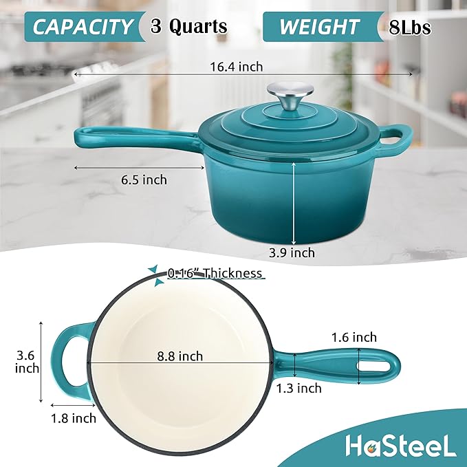 HaSteeL 3 QT Cast Iron Saucepan, Enamel dutch oven