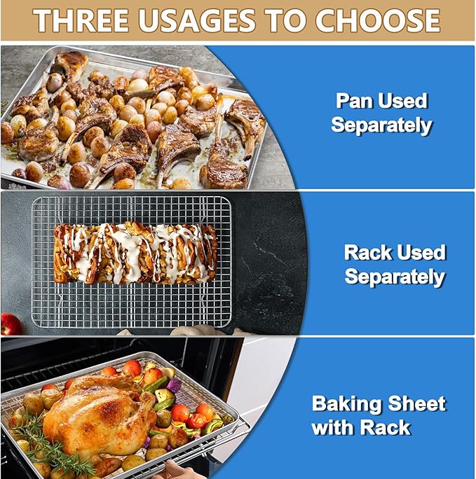 P&P CHEF 17.5 + 16 + 10.4 Inch Baking Sheet and Rack Set, Stainless Steel