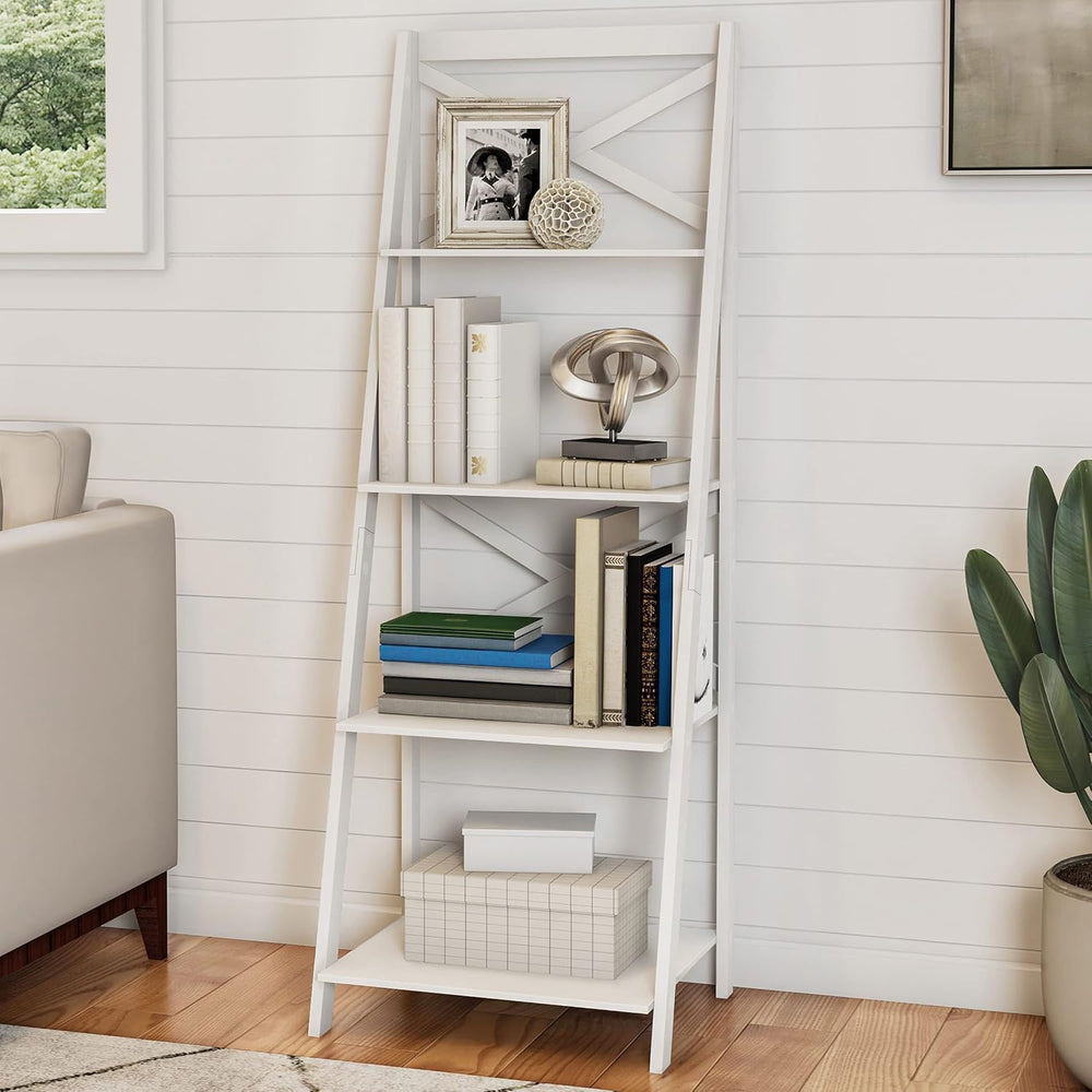 4-Tier Ladder Bookshelf - Freestanding Shelved Bookcase with X-Back Frame and...