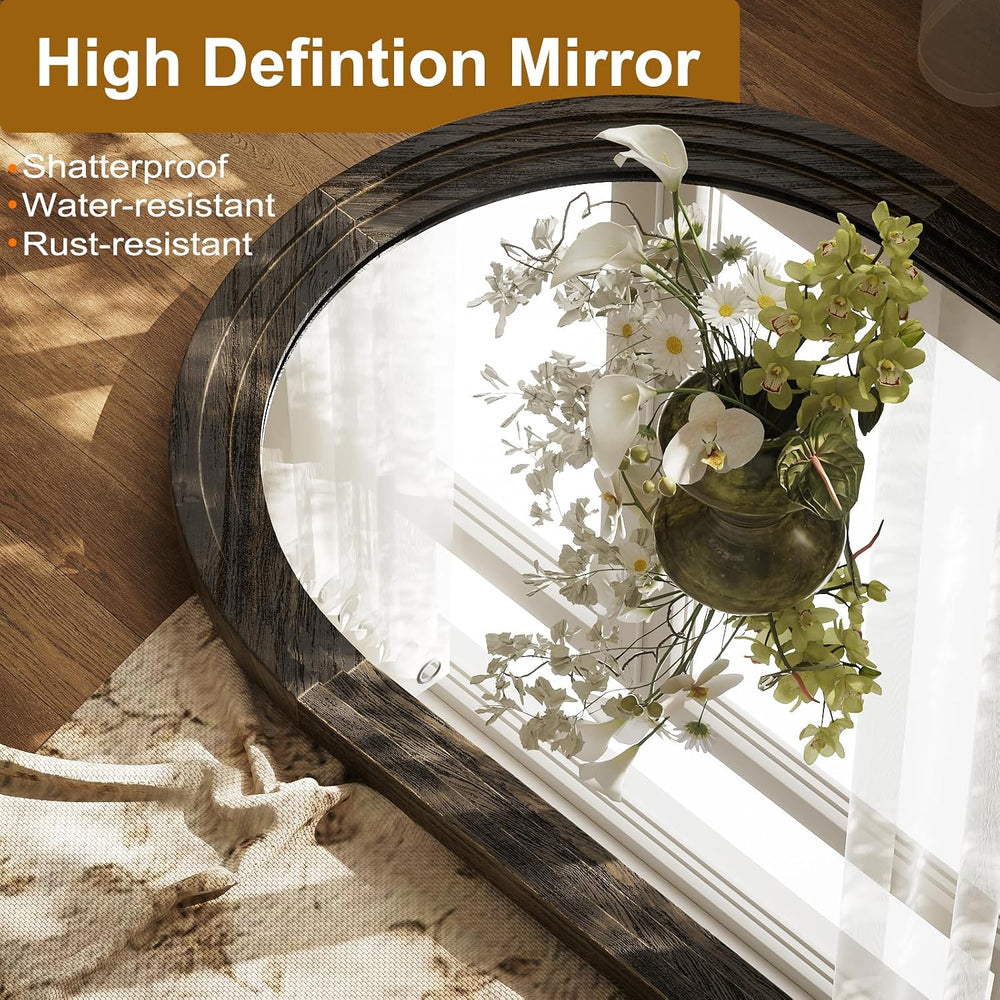 40" x 30" Solid Wood Arched Framed Bathroom Mirror, Brown