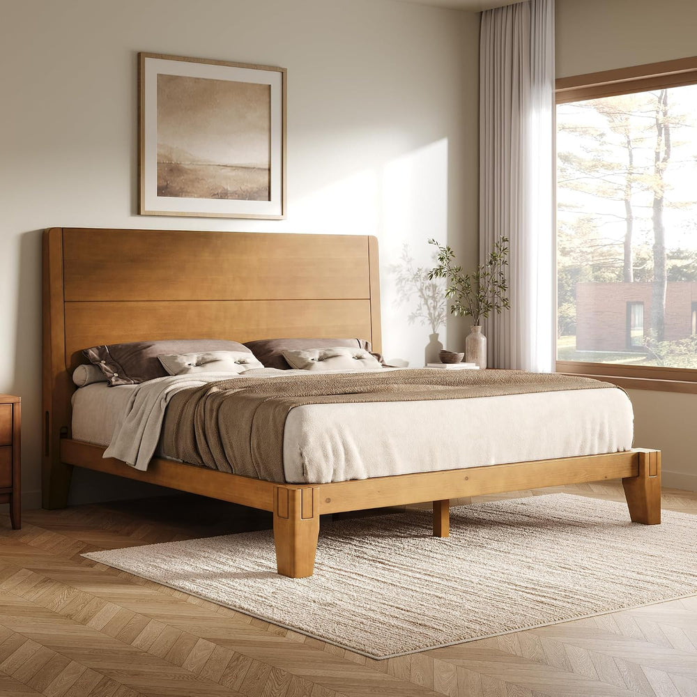 AMERLIFE Solid Wood Queen Bed Frame with Headboard, Japanese Joinery, Brown