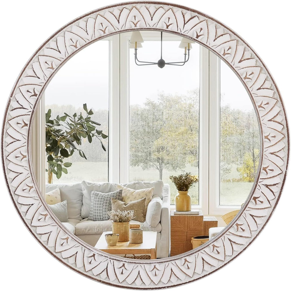 24" Round Mirror Farmhouse Wooden Frame Circle Mirrors, Rustic Decorativ...