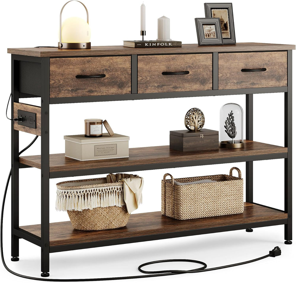 Lulive Entryway Table with Power Outlets, Console Table with 3 Fabric Drawers...