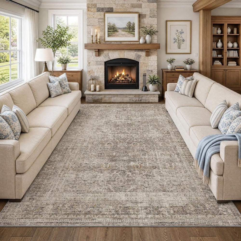 FMFUNCTEX 9x12 Washable Taupe Vintage Distressed Area Rug for Living Room