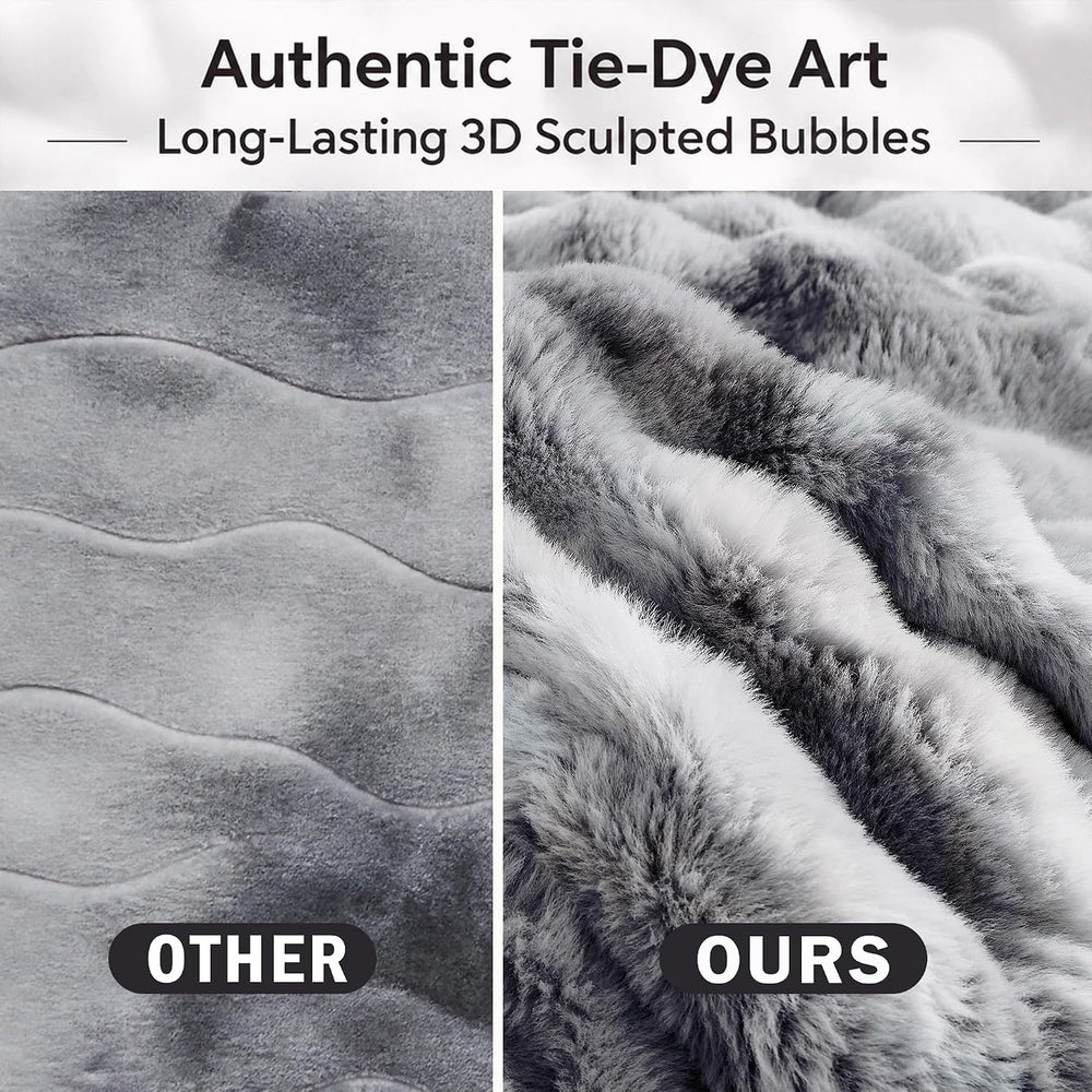 Wonderful - 3D Bubble Tie Dye Faux Rabbit Fur Comforter Set, King, Grey