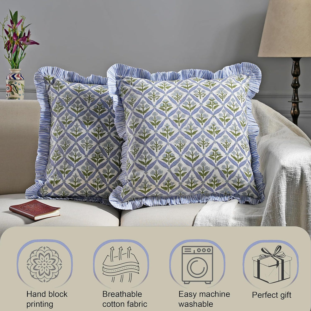 Ridhi Light Steel Blue Floral Block Print Throw Pillow Covers 18 x 18 Inch (S...