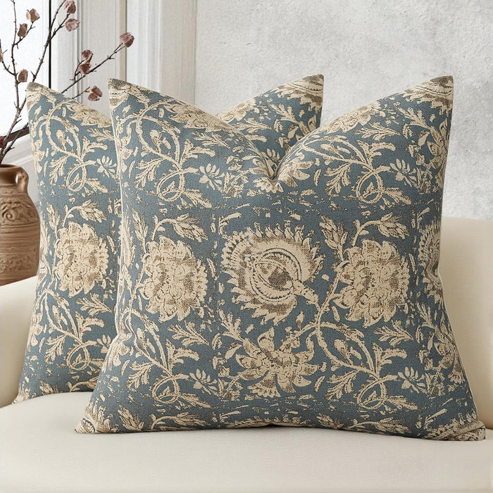 Vintage Floral Print Throw Pillow Covers 26x26 Set of 2 Neutral Modern Farmhouse Accent Decorative Cushion Covers Boho Home Decor for Couch Sofa Chair Bed Living Room, Dusty Blue