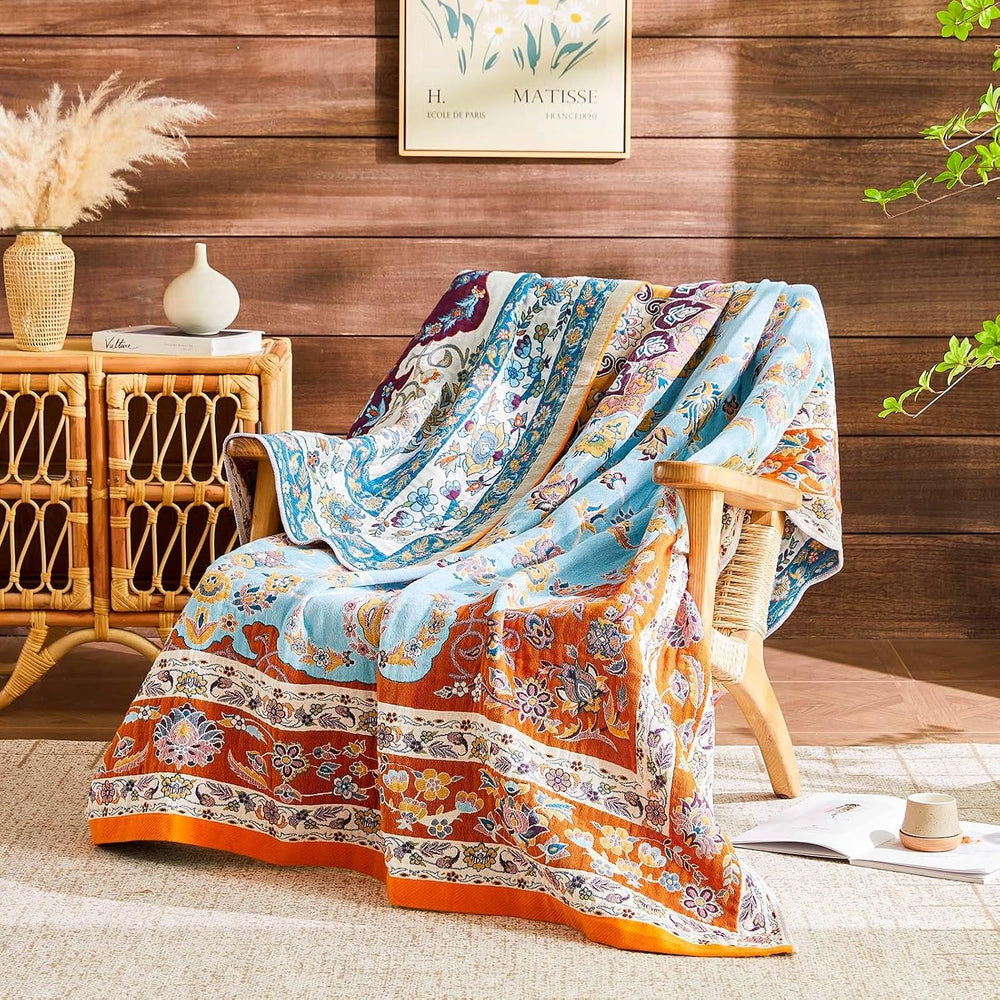 Boho Throw Blanket 100% Cotton Muslin Woven Blanket Bohemian Bed Throws Vinta...
