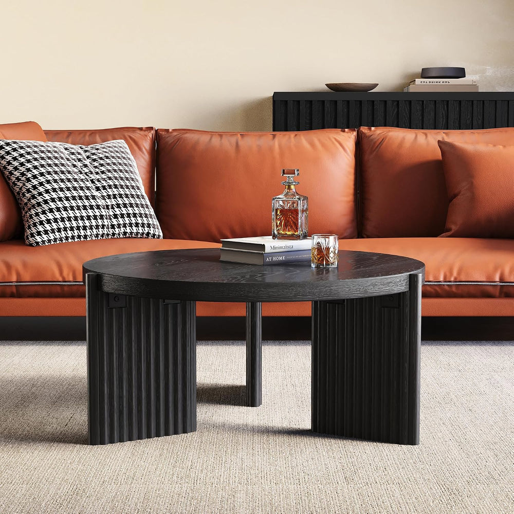 Luoxiao Round Coffee Table, 27.5" Fluted Coffee Tables for Living Room