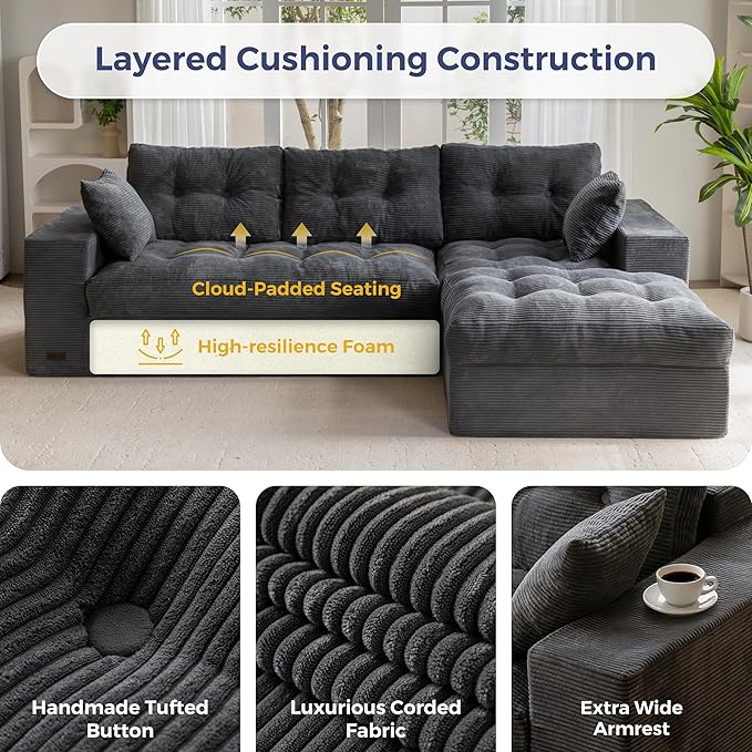 MAXYOYO 104" L Shaped Modular Sectional Sofa with Ottoman, Cloud Boneles...