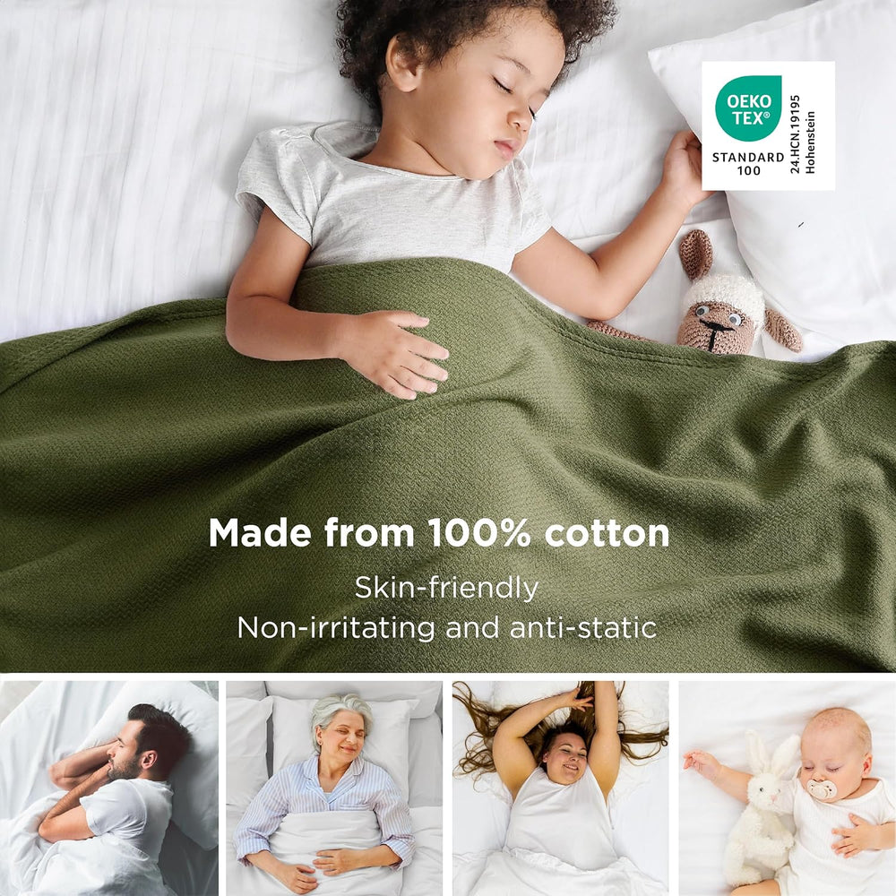 Bedsure 100% Cotton Blanket, Herringbone Weave, King, Moss Green