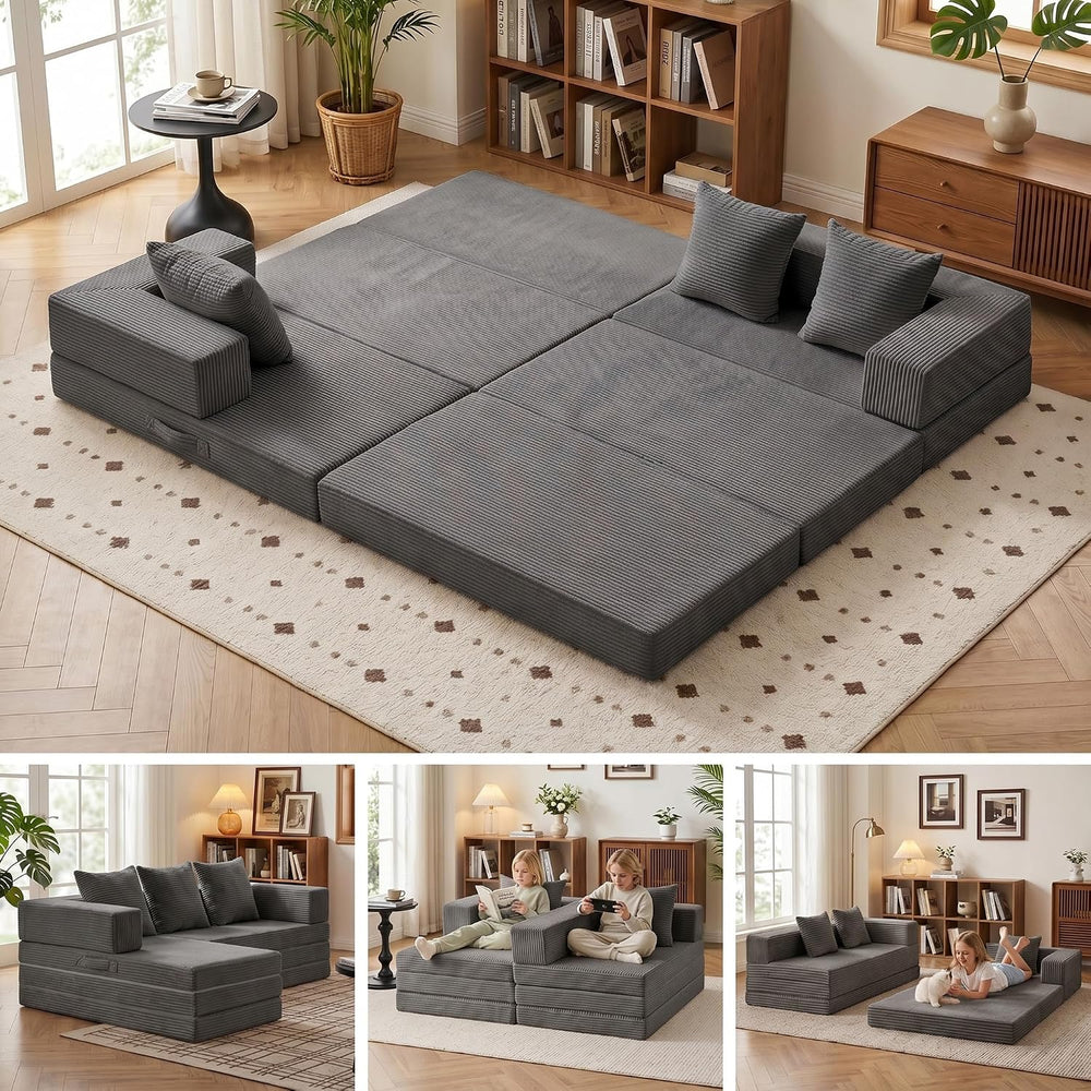 6-in-1 Tri-Folding Mattress | Cloud Boneless L-Shaped Modular Sectional Couch...