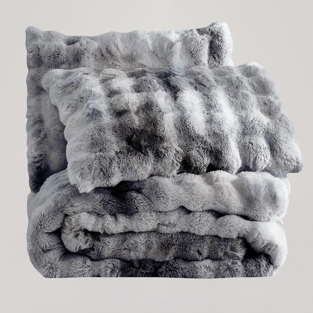 Wonderful - 3D Bubble Tie Dye Faux Rabbit Fur Comforter Set, King, Grey