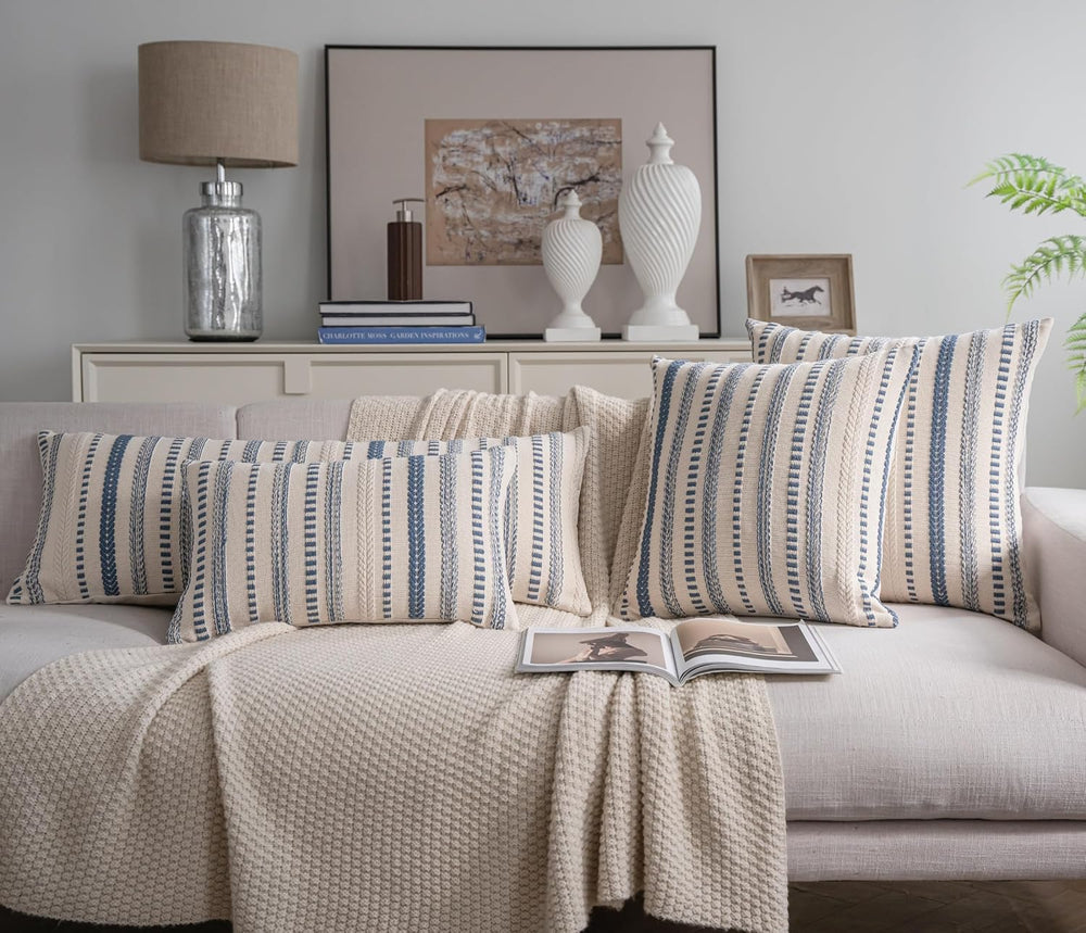 Cethom Blue Boho Lumbar Pillow Covers 14x36 Long, Stripe Textured Decorative ...