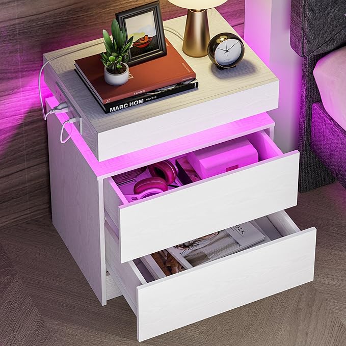 LIKIMIO Night Stand with Charging Station, Modern White Nightstand with LED L...
