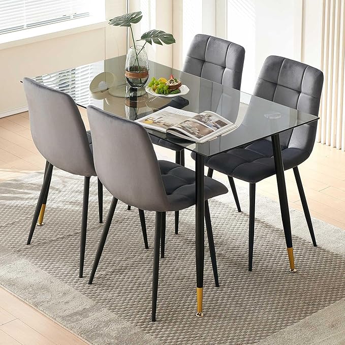 Velvet Dining Chairs Set of 4 - Grey Dining Room Chairs with Metal Legs Ideal...