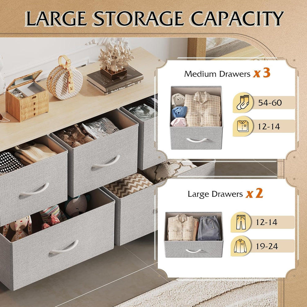 WLIVE Dresser for Bedroom, Wide Dresser with 5 Fabric Drawers, Light Grey