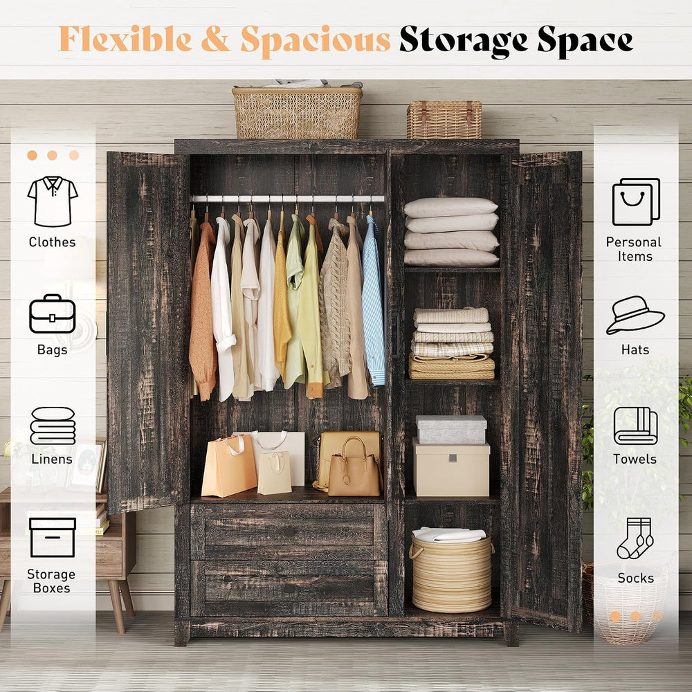 AMERLIFE Farmhouse 3 Door Wardrobe Closet with 2 Drawers & Hanging Rod